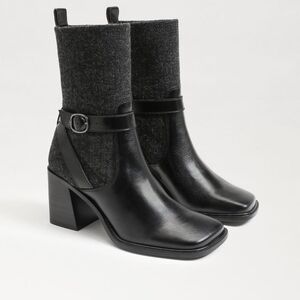 Sam Edelman Black Leather & Gray Knit Mid-Calf Block Heel Boots